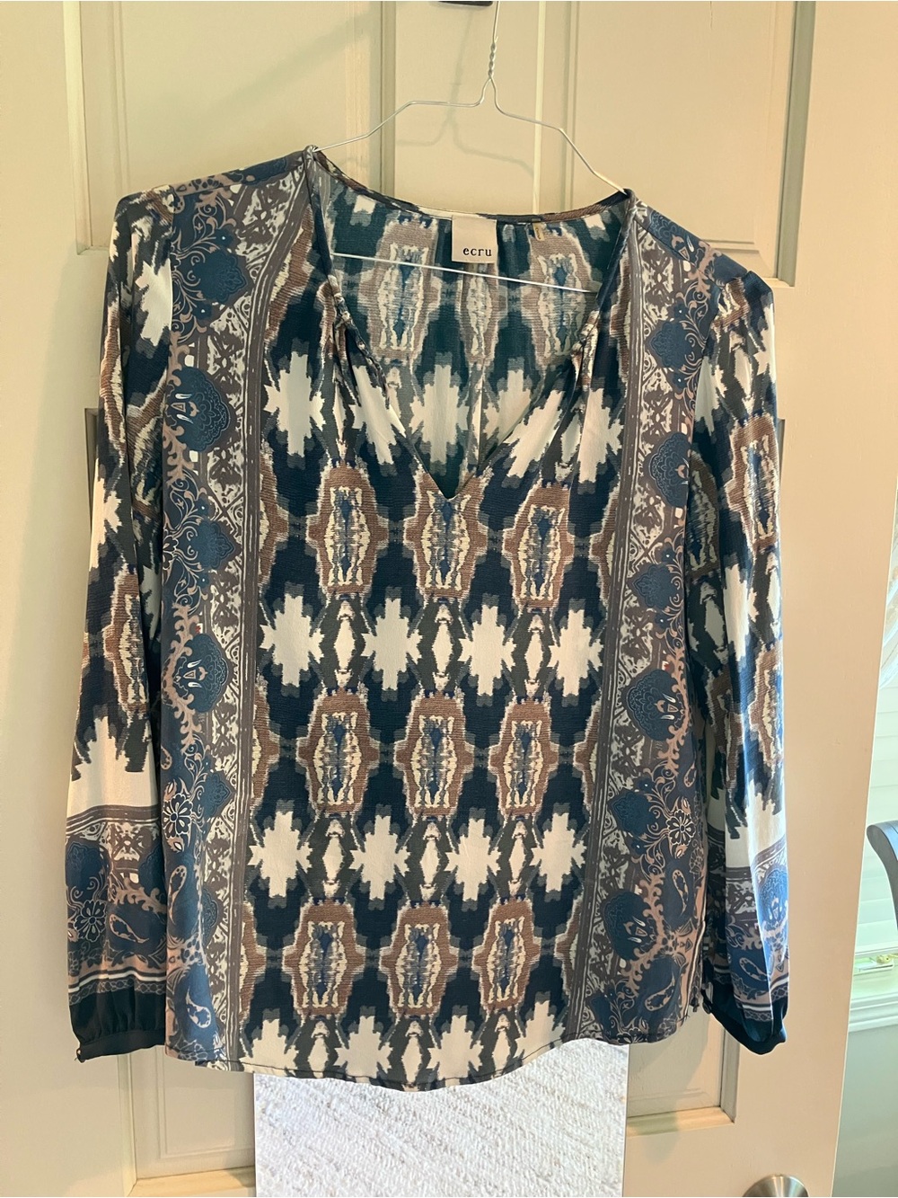 ecru Blue, Brown & Cream Boho V-Neck Long Sleeve Blouse